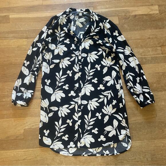 A New Day black white floral flower button-down long sleeve mini dress small b9 - Picture 2 of 6